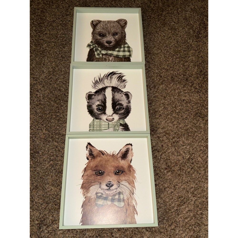 Hobby Lobby Woodland Animal Wall Art Set 3 Bear Skunk Fox Green Plaid 15.5x15.5